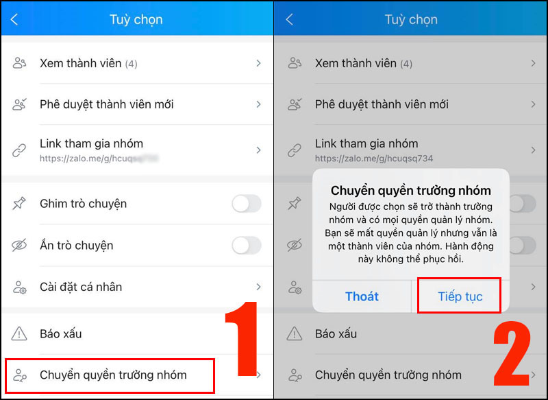 Chuyển quyền Admin trong nhóm Zalo bằng điện thoại.